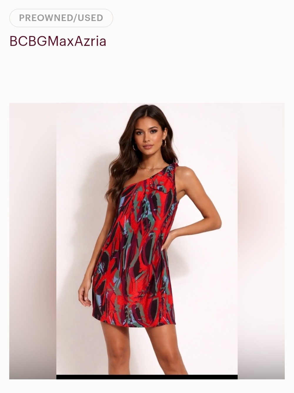 BCBGMaxAzria Red Multi One-Shoulder Mini Dress. Size 4